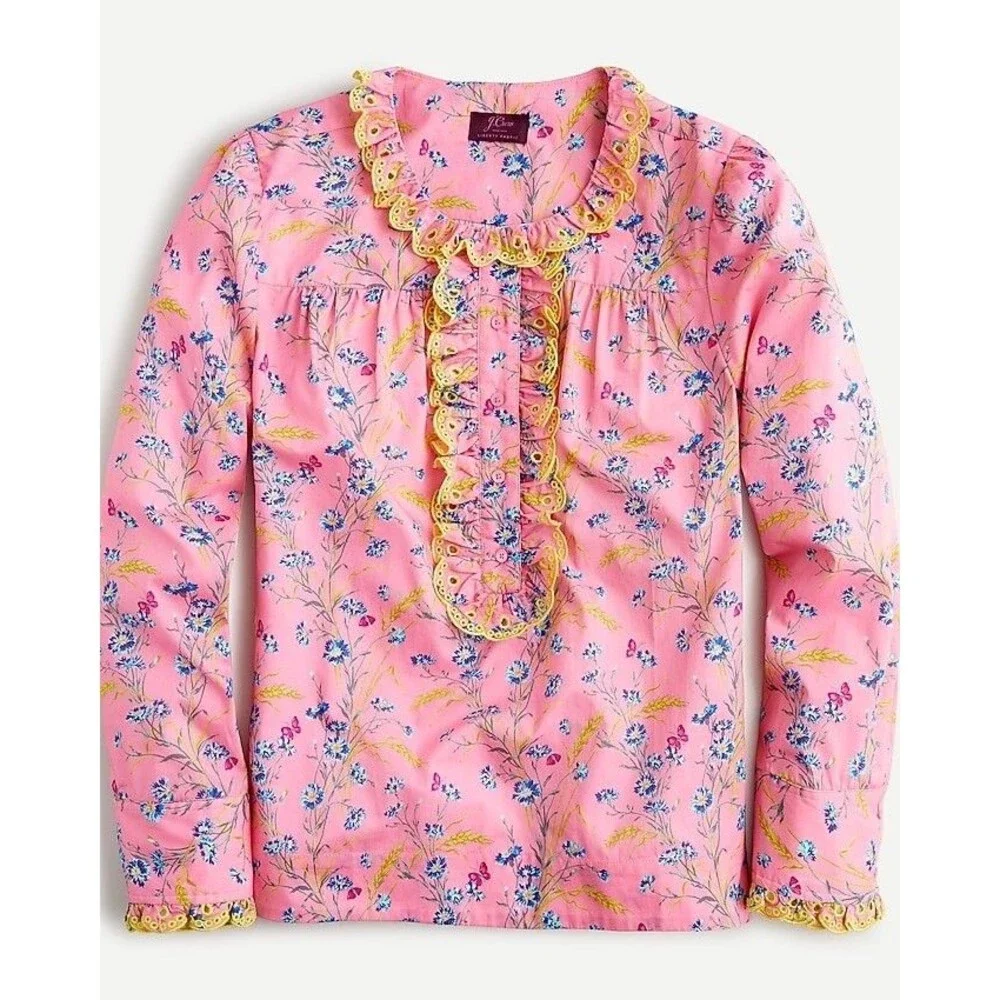 NWT J. Crew Pink Ruffle Blouse Wheat Bouquet Floral Cottage Print Women XS (B4)